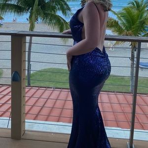 Boutique Navy Blue Sequin Gown w/ Low Back